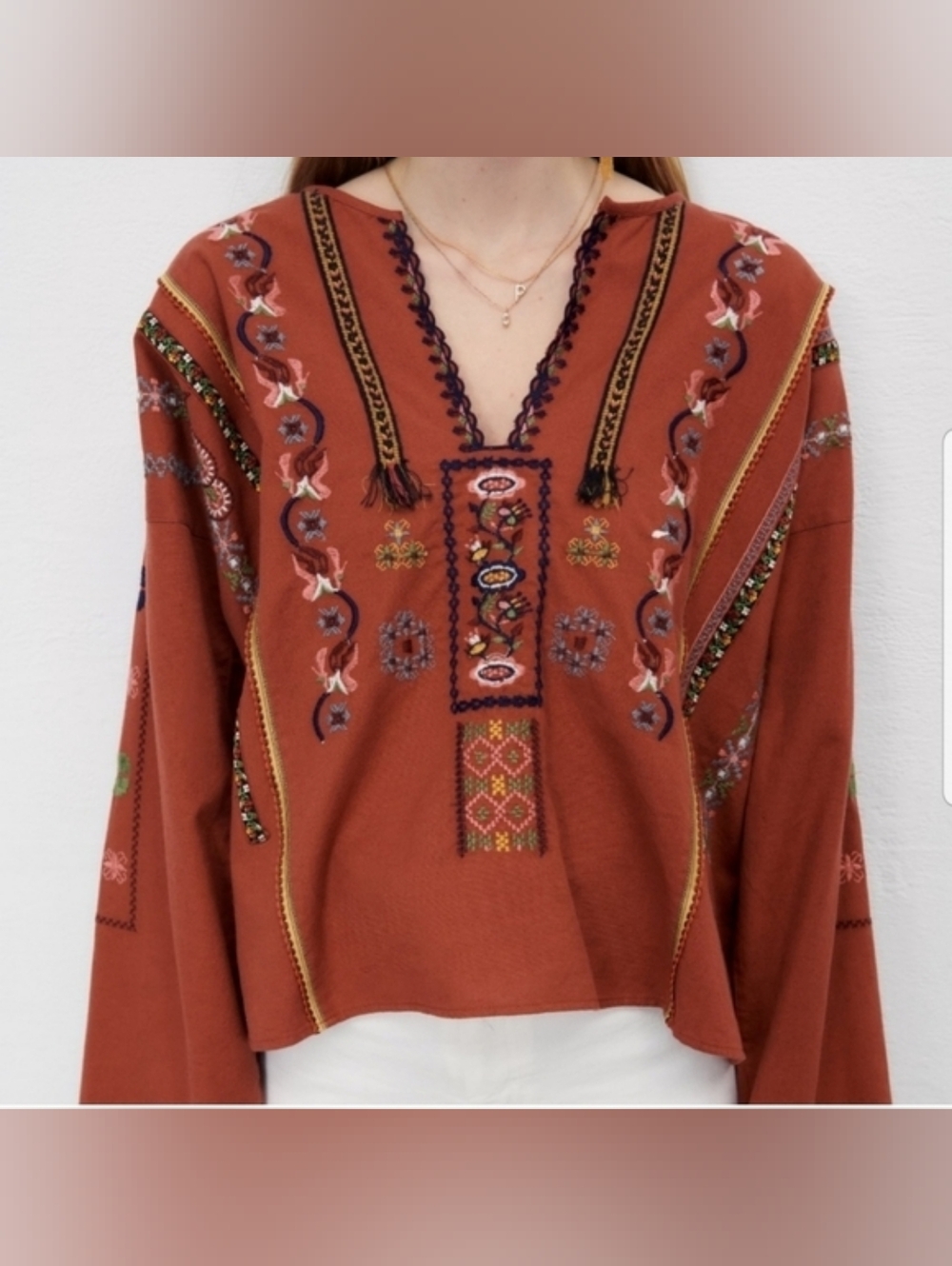 Zara Linen Bkend Burnt Orange Embroidered Tassel Shirt - Picture 4 of 8